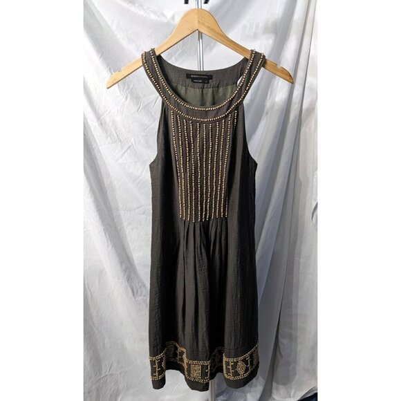 BCBGMAXAZRIA Olive Green Beaded Halter Sheath Dress Casual Boho Size 2 - Picture 2 of 9